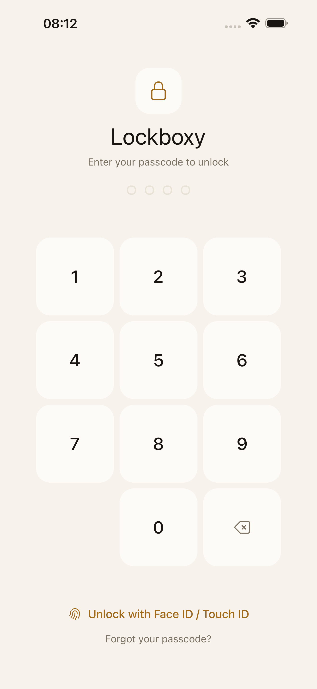 Lockboxy lock screen asking for a passcode