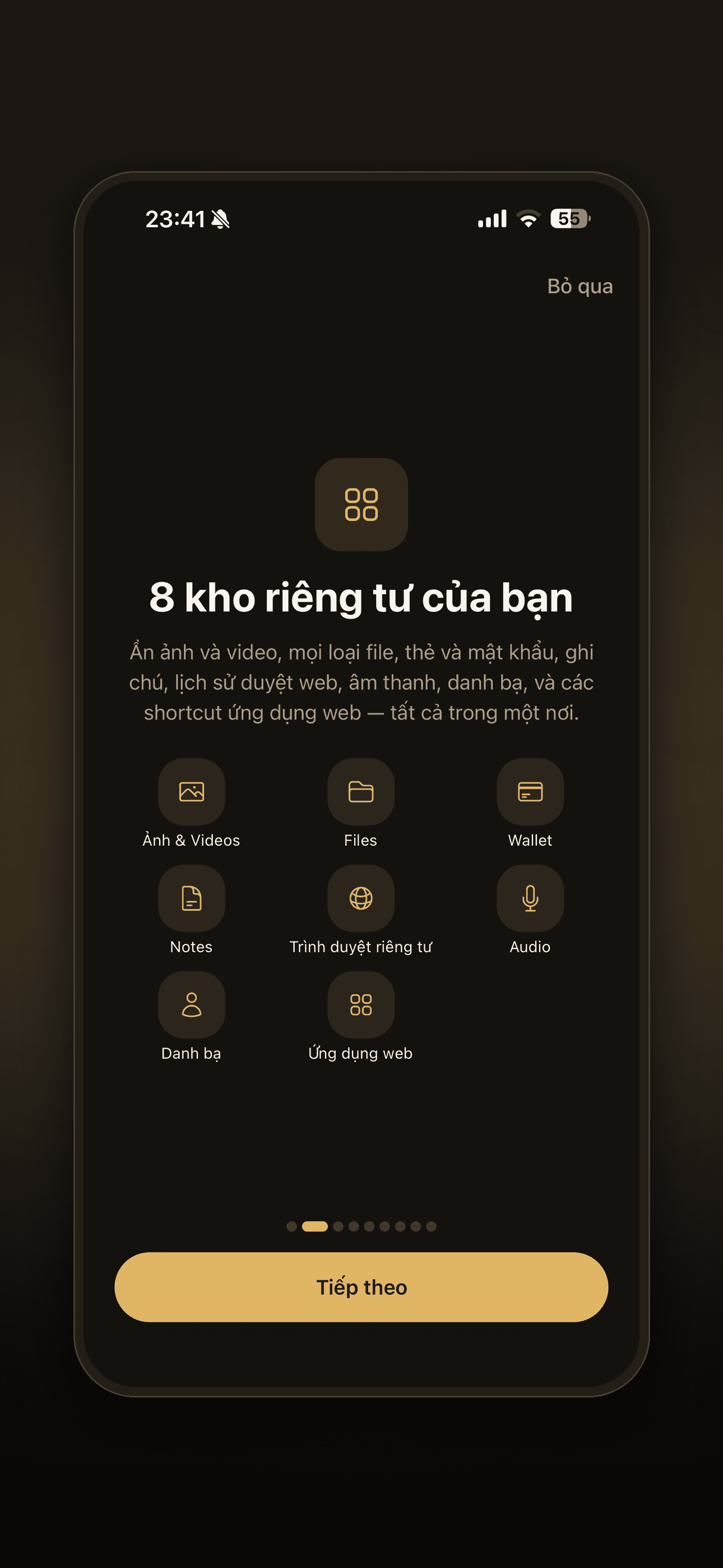 Màn hình 8 kho riêng tư của Lockboxy: Ảnh & Video, Files, Wallet, Notes, trình duyệt riêng tư, Audio, danh bạ, ứng dụng web