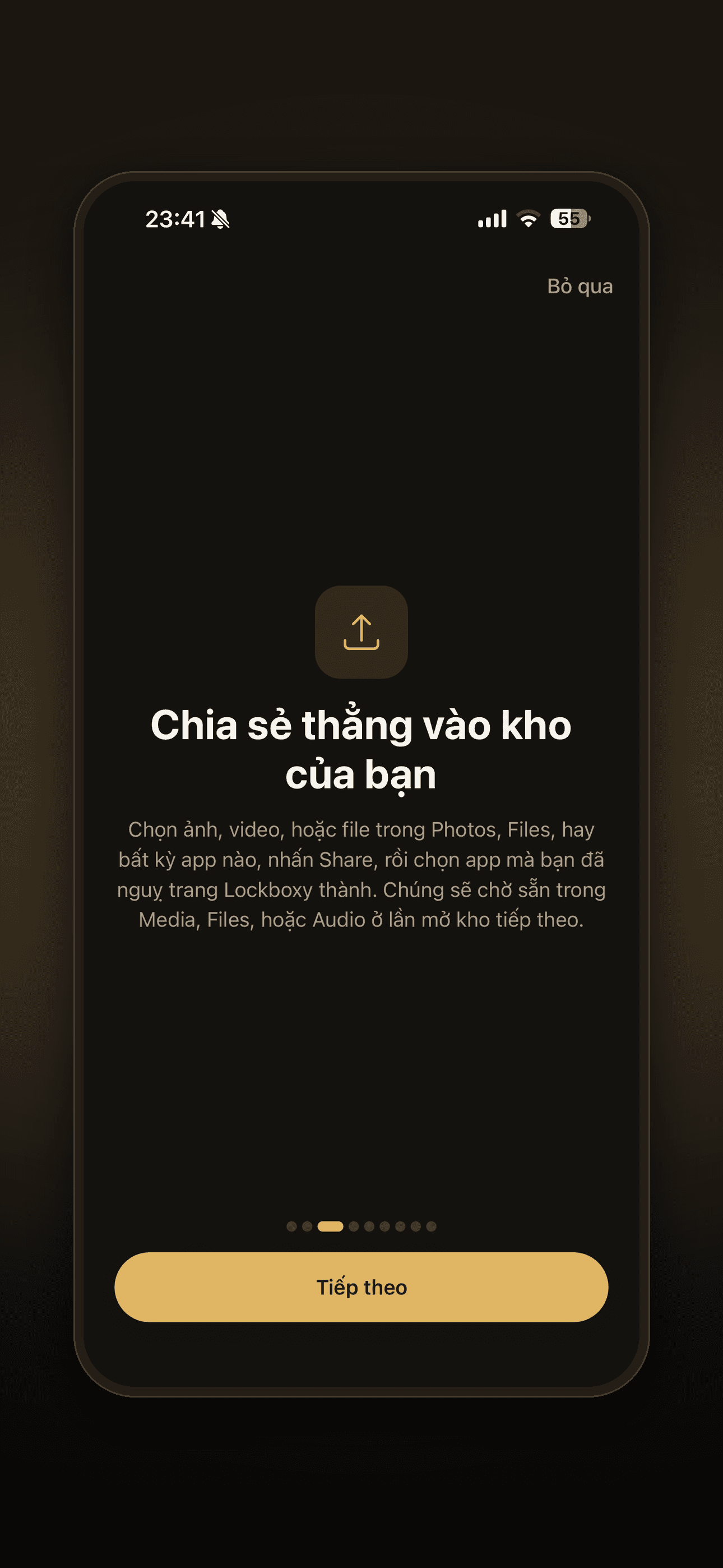 Màn hình chia sẻ tệp thẳng vào két Lockboxy qua Share Sheet