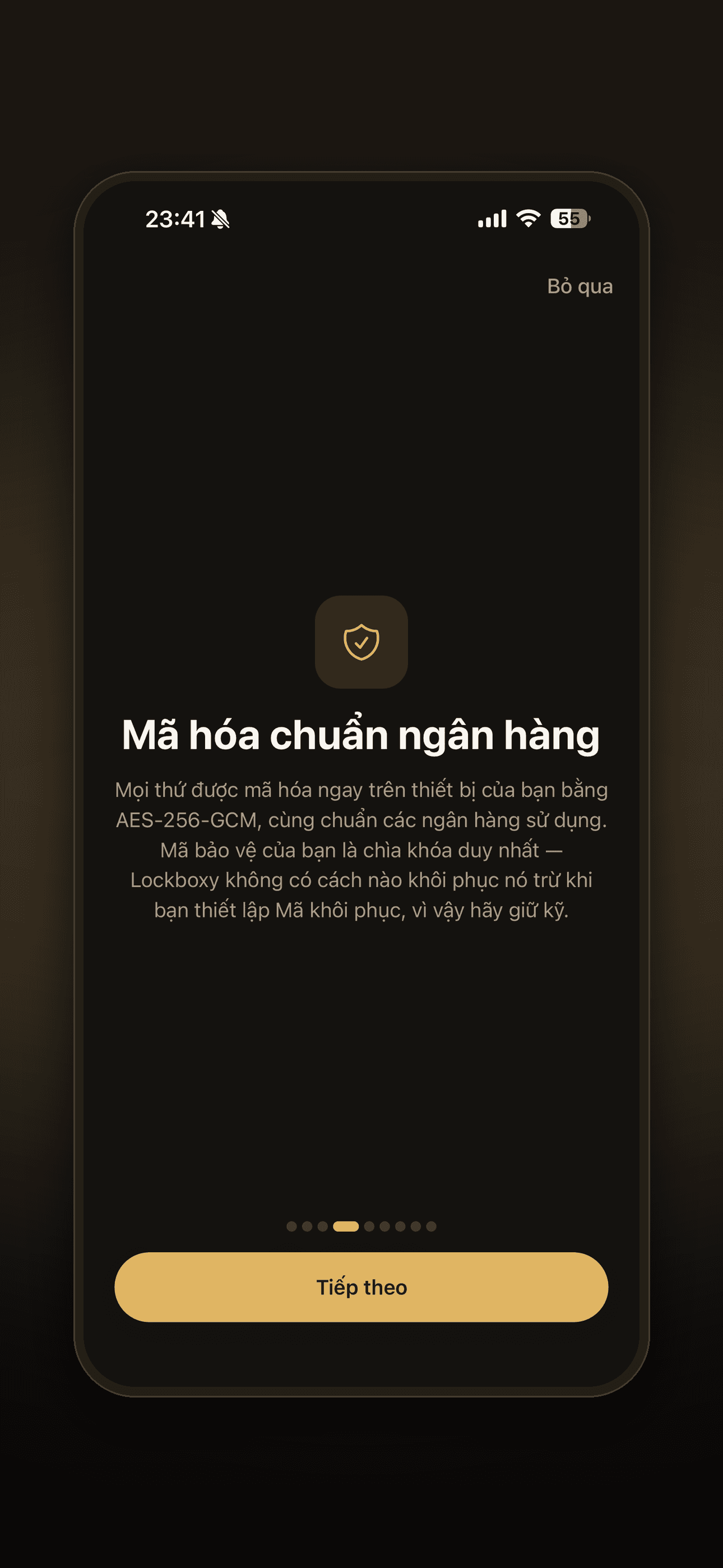 Màn hình giải thích mã hoá AES-256-GCM của Lockboxy